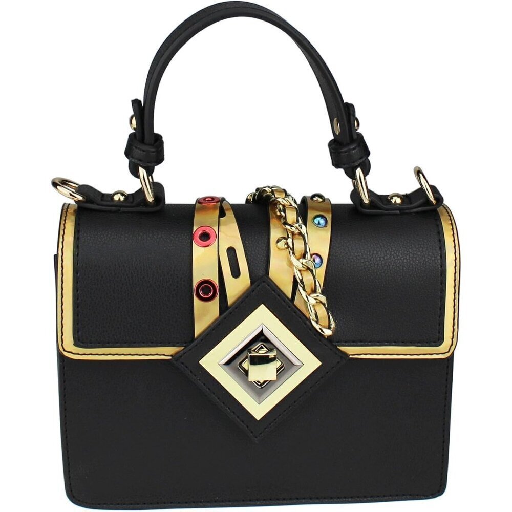 Vegan Faux Leather Crossbody Purse with Metallic Trim Adjustable Strap
